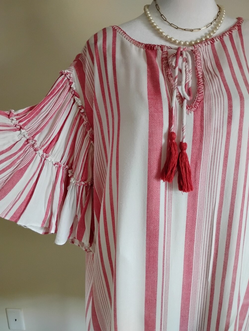 For The Republic Red White Stripe Festival Beach Bohemian Dress Tunic Size L